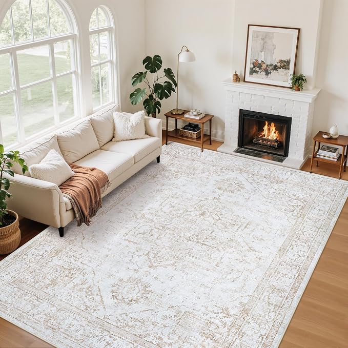 Area Rug 6x9 Living Room Rug Washable Beige Non-Slip Rugs | Vintage Medallion Rug，Soft Low Pile Large Rugs，Indoor Retro Carpet for Bedroom Nursery Dining Table Farmhouse Home Office