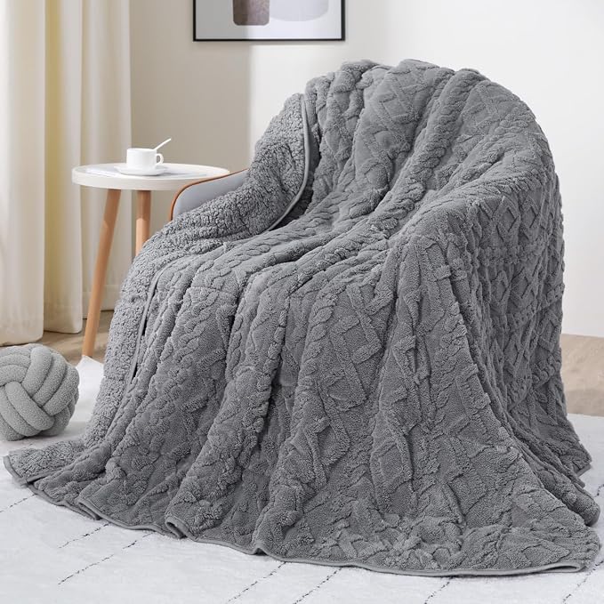 Drewin 20lbs Weighted Blanket Queen Size for Adults,Grey,60 x 80 inches | Stress Relief & Promotes Sleep,Cozy Heavy Throw Blankets,Soft Jacquard Sherpa with Glass Beads,Machine Washable