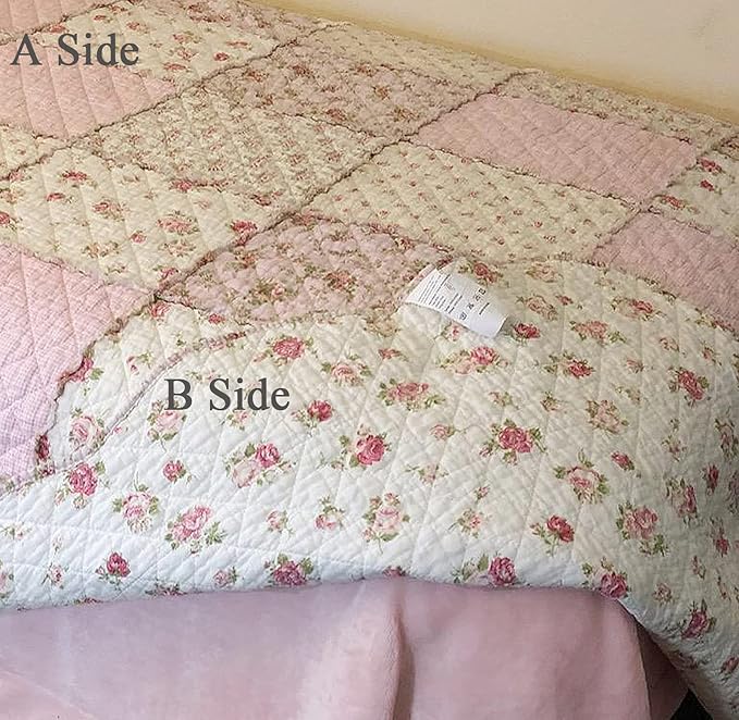 Cozyholy Original 100% Cotton Quilt Pink Floral Patchwork Quilts Quilted Throw Blanket, Reversible Bedspread Coverlet Vintage Shabby Chic Cottage Bedding Quilt for Bed Couch Sofa