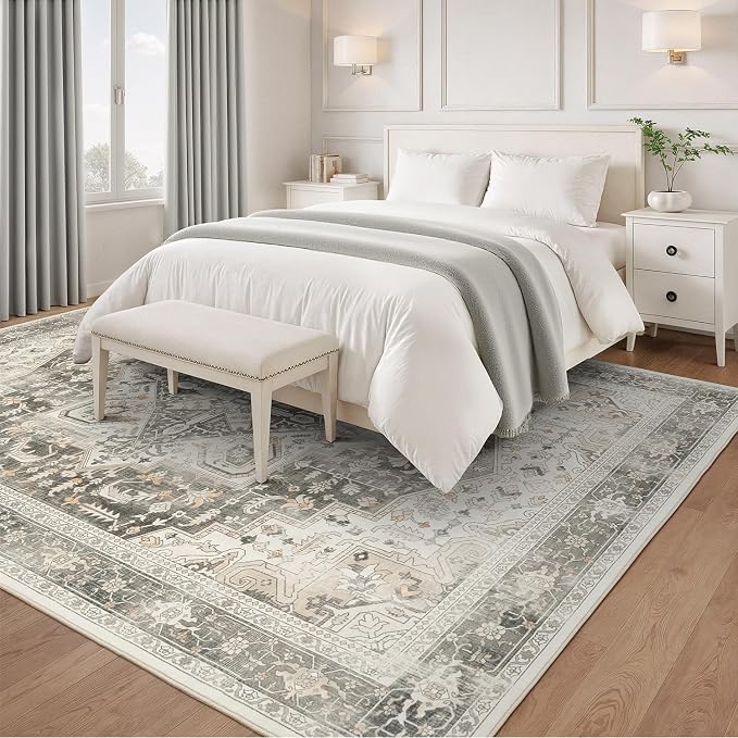 Rugflix 9x12 Area Rugs for Living Room, Machine Washable Rug Non Slip Stain Resistance, Large Rug Vintage Distressed Soft Carpet for Bedroom, Dining Room, Home Office, Beige Grey