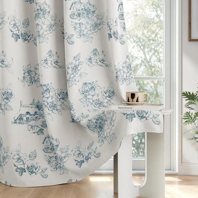 SimpleHome 100% Blackout Curtains for Bedroom Blue Curtains Floral 96 Inch | Curtains for Living Room,Farmhouse Curtains and Drapes,Grommet Printed Patterns Room Darkening Curtains,2 Panels Set,52Wx96L