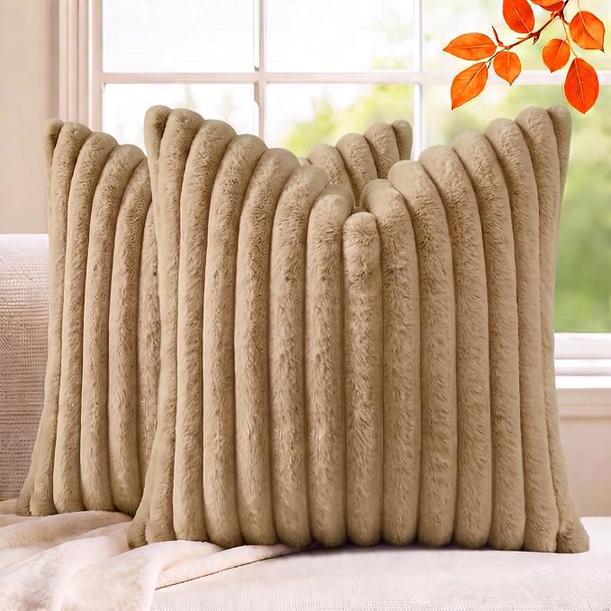 Pack of 2 Throw Pillow Covers 18x18 Decorative Solid Plush Faux Fur with Soft Velvet Back, Square Striped Cushion Cases Modern Farmhouse Home Decor for Living Room Couch Sofa Bed Khaki