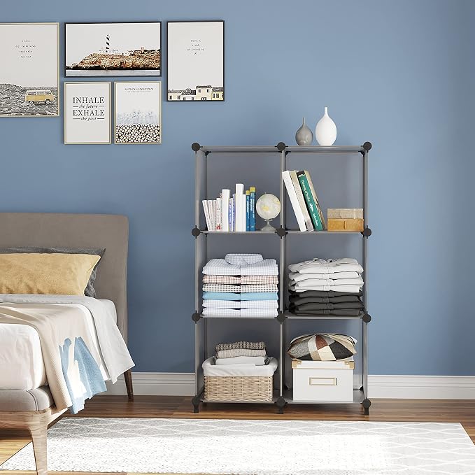 AWTATOS Cube Storage Organizer, Closet Organizers, 6 Cube Shelf, Grey | Portable Closet Storage Shelves, DIY Stackable Storage Cubes Bookshelf, Plastic Clothes Organizer Shelving for Bedroom, Home