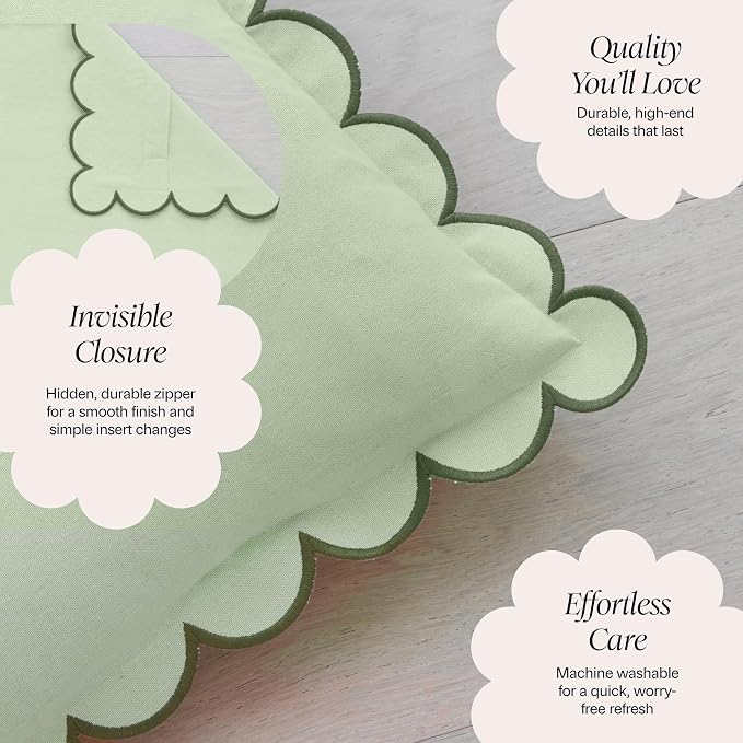 BEBE BASK Scalloped Pillow Cover Set of 2, 18x18, Cotton - Moss Green | 100% Cotton, Scallop Pillow Covers, Grandmillennial Style, 18 by 18 Inch, Easy to Care, Machine Washable, Scalloped Pillows
