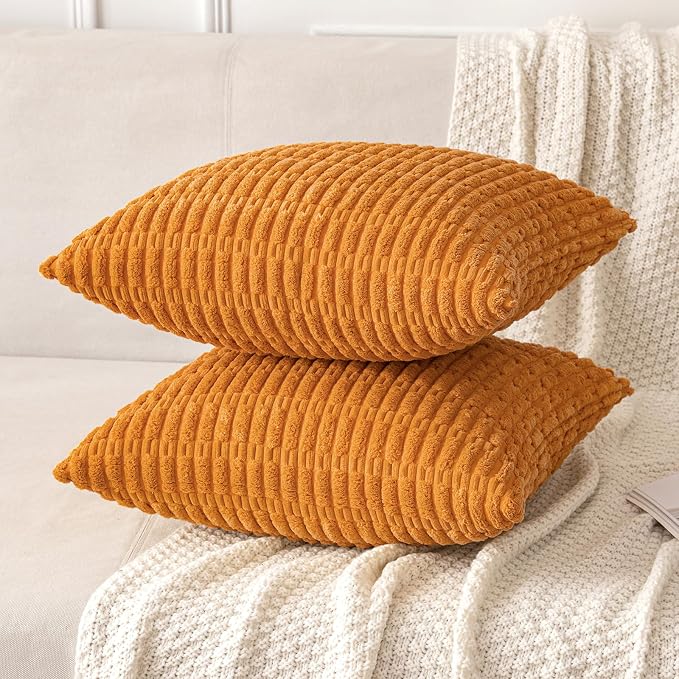 MIULEE Fall Decorative Throw Pillow Covers 18x18 Burnt Orange Pack of 2 | Soft Corduroy Boho Striped Pillow Covers Modern Farmhouse Autumn Home Decor For Sofa Living Room Couch Bed