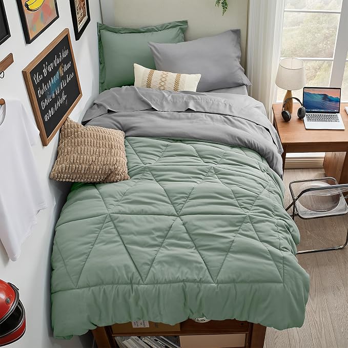 BEDELITE Twin XL Comforter Set 5 Pieces, Reversible Sage Green Bed in A Bag | Soft All Season Down-Alternative Comforter, Sheets, Pillowcases & Shams, OEKO-TEX Certified Bedding for Drom Room, College