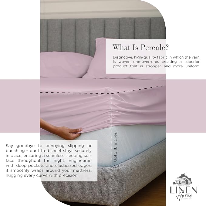 Linen Home 100% Cotton Percale Sheets Twin Size Pack of 2, Mauve Lavender, Deep Pocket, 6 Pieces Set- 2 Flat, 2 Fitted and 2 Pillowcases, Crisp Cool and Long Staple Strong Bed Linen