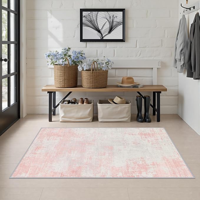 Area Rug Living Room: 3x5 Modern Washable Soft Carpet Pink White | For Hallway, Bedroom, Kitchen, Laundry, Bathroom,Door Mat,Modern Abstract,Machine washable,Non-Slip,Stain Resistant,Indoor