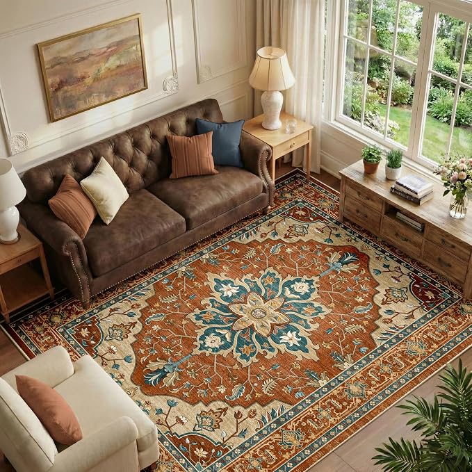 RELEANY Washable Area Rug, 6'x9', Red/Orange/Blue/Brown | Non-Slip, Water Repellent, Pet Friendly, Easy to Clean, Vintage Floral Boho Decor for Living Room Bedroom Dining Room Office