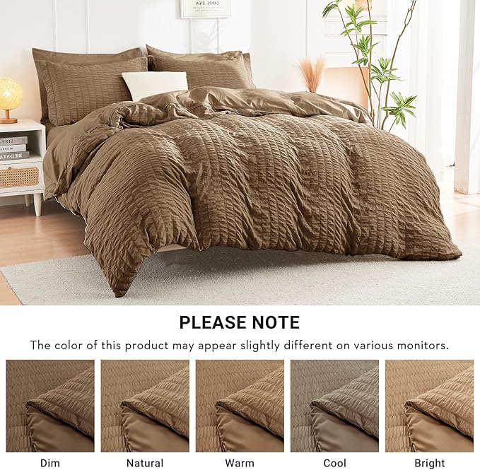 HYMOKEGE Brown Oversized Queen Comforter Set Seersucker 7 Pieces, All Season Luxury Bed in a Bag for Bedroom, Bedding Set with Comforter, Sheets, Pillowcases & Shams