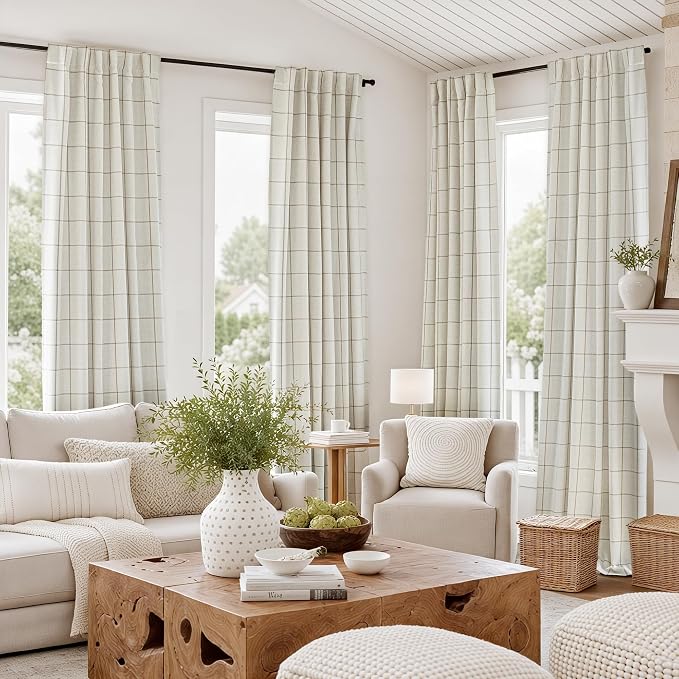 DriftAway 100% Blackout Plaid Linen Curtains 90 Inches Long 2 Panels Taupe | 100% Blackout, Linen Texture, Plaid Pattern, Two Layers, Rod Pocket & Back Tab, Bedroom Living Room Use, Luxury Appearance