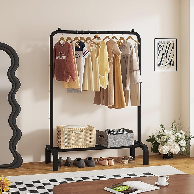 JIUYOTREE Garment Rack Clothing Clothes Rack for Clothes Organizing Black | Standard Metal 34 Inches Garment Rack with Bottom Shelf for Hanging Clothes Coats Jackets Shirts Sweaters Jeans Black