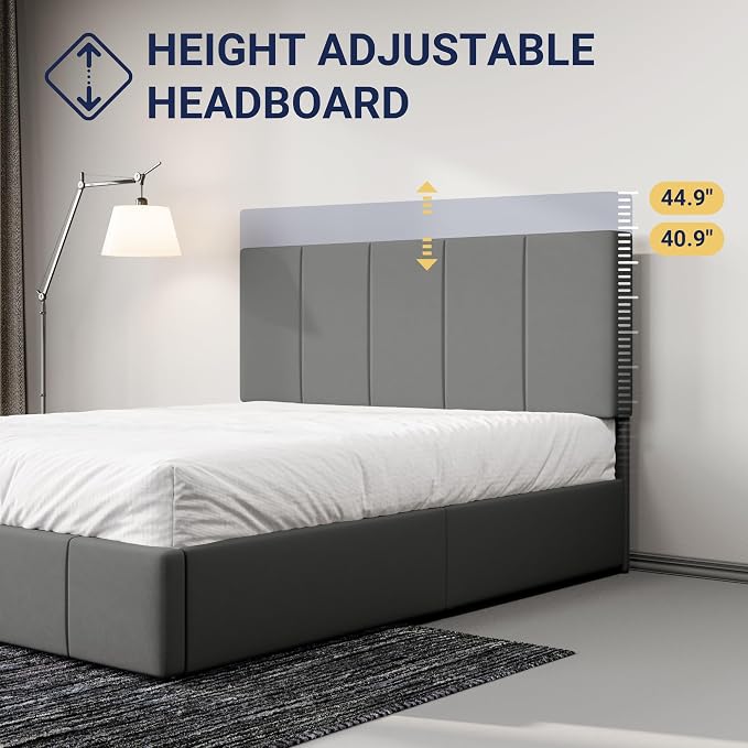Allewie Queen Size Dutch Velvet Upholstered Platform Bed Frame/Vertical Channel Tufted Adjustable Headboard/Low Profile Bed Frame/No Box Spring Needed/Easy Assembly/Grey