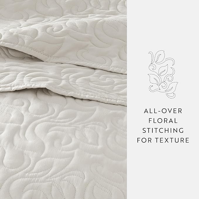 Merit Linens Modern Quilt Coverlet Soft Set in Floral Stitching - Full/Queen Natural