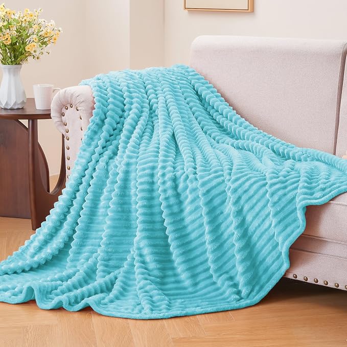BEDELITE 3D Ribbed Light Blue Fleece Twin Blanket for Couch, 60x80 Inch | Soft Warm Fluffy Blanket for Bed Sofa College Dorm Room Decor, Luxury Cozy Plush Birthday Gifts for Women Girls, Lightweight