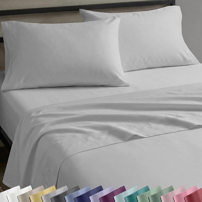 Soft Natural 100% Cotton Sateen Full Sheets, 4 Pc Set, Light Grey | Backed by Good Housekeeping Seal, Light & Breathable For Hot Sleepers, 14" Deep Pocket, All-Around Elastic, Durable