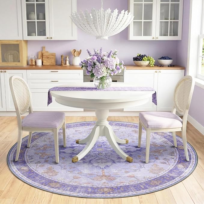 RELEANY Washable Area Rug, Round 6ft, Purple | Non-Slip, Water Repellent, Pet Friendly, Easy to Clean, Vintage Floral Boho Decor for Living Room Bedroom Dining Room