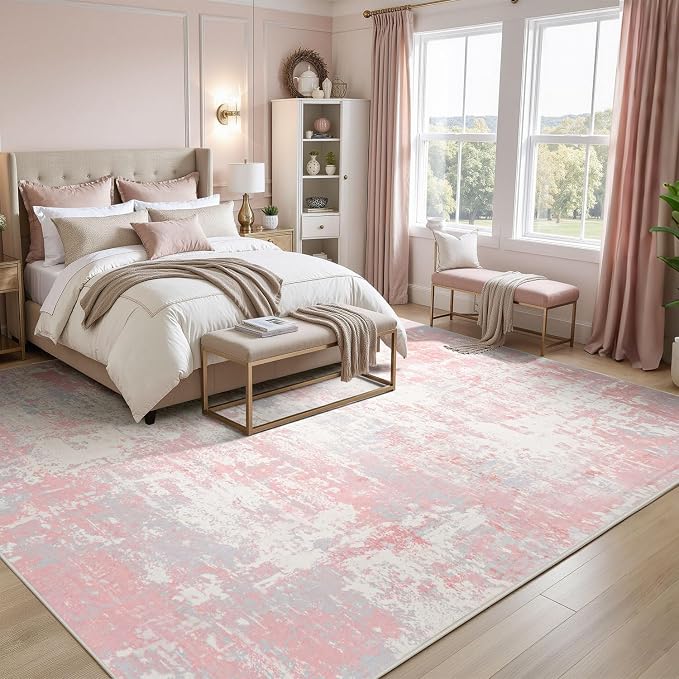 Rugflix 8x10 Area Rugs for Bedroom, Washable Pink Large Rug | Machine Washable; Stain-Resistant; Low Pile; Non-Slip; Modern Abstract; Carpet for Nursery Girls Room Living Office Home