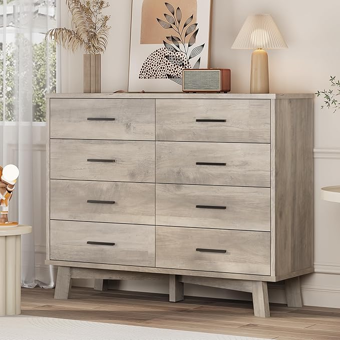 Xixini Dresser for Bedroom, 8 Drawer Wide Modern Chest of Drawers with X-Shaped Sturdy Base, Wood Double Dresser Closet Clothes Storage Organizer, Wooden TV Stand for Living Room, Hallway, Grey