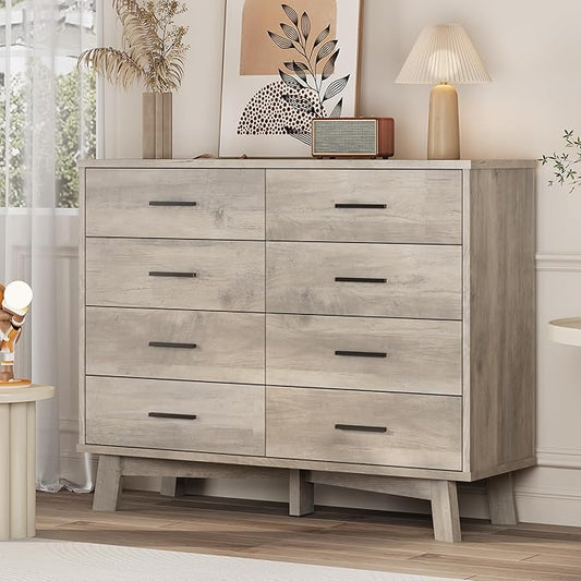 Xixini Dresser for Bedroom, 8 Drawer Wide Modern Chest of Drawers with X-Shaped Sturdy Base, Wood Double Dresser Closet Clothes Storage Organizer, Wooden TV Stand for Living Room, Hallway, Grey