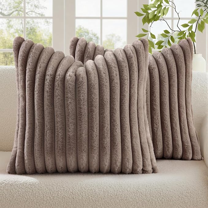 decorUhome Fall Faux Fur Throw Pillow Covers 26x26 Set of 2 Light Coffee | Decorative Soft Cozy Striped Plush Modern Farmhouse Boho Couch Pillow Cases Velvet Back for Sofa Bed Living Room Home Decor