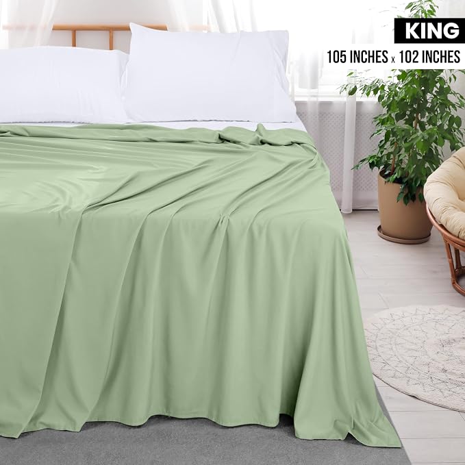 King Size Flat Sheet Only, Ultra Soft & Breathable Hotel Sheets, Sage | Hotel Bedding, Cooling Comfort, Smooth Feel, Wrinkle & Fade Resistant, Easy Care, Long-Lasting, Machine Washable, OEKO-TEX