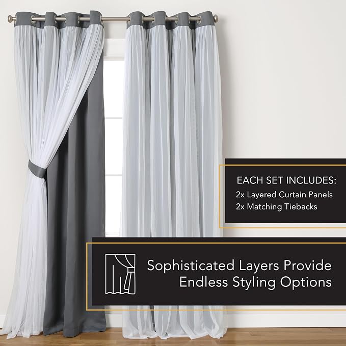 TOWN & COUNTRY LUXE Talia Double Layer Indoor Curtains, Sheer and Room Darkening Blackout, Grommet Top, Energy Efficient, 2-Pack Set, 52"x108", Black Pearl