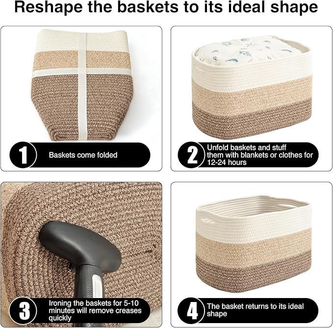 ICERZCZ Storage Baskets for Organizing & Shelves, Woven Cotton Rope Organization Bins for Dog Toys, Clothes, Books, Nursery Organizer, 15"Lx11"Wx9.5"H, (4 Packs) Gradient Brown
