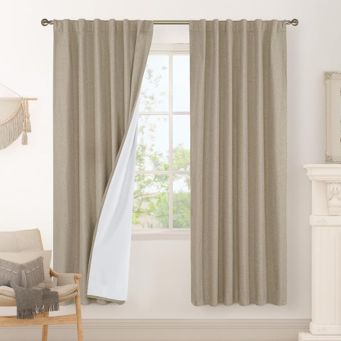 100% Blackout Natural Linen Curtains 78 Inches for Living Room | Taupe, Room Darkening, Bedroom, Farmhouse Curtains, Rod Pocket Back Tab Drapes, with White Liner, 2 Panels, 52 x 78 Inch