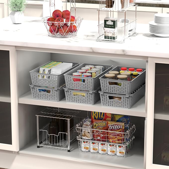 Simple Houseware Stackable Plastic Woven Basket Organizer, 6 Pack, Gray | 14.5" D x 8.5" W x 3.5" H