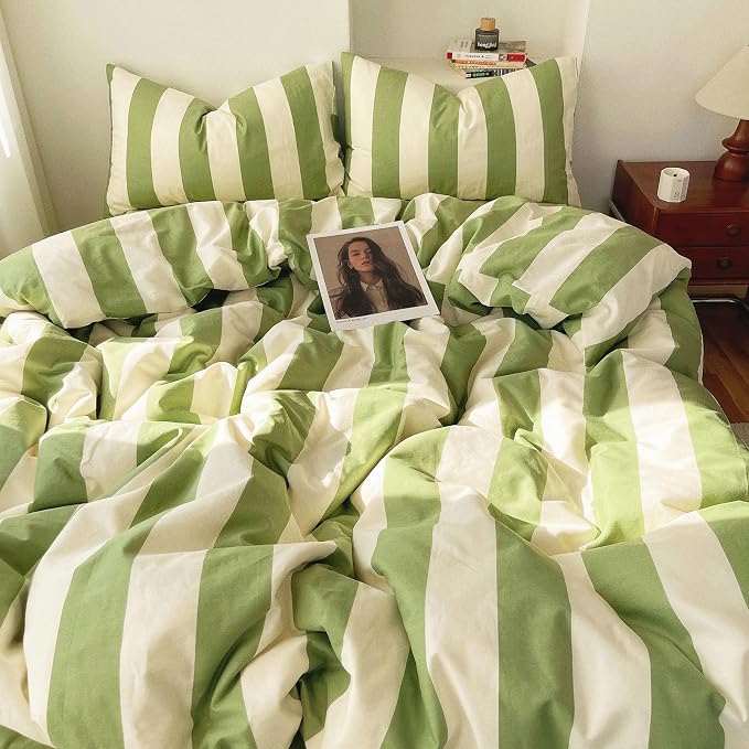 LifeTB Striped Comforter Set Twin XL Fluffy Soft Modern Style Green White Stripes Pattern Printed Bedding Set 3 Pieces Retro Striped Comforter with 2 Pillowcases Cozy Lightweght Bedding Comforter Set