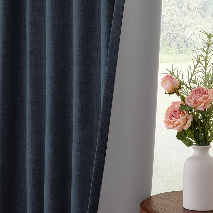 INOVADAY 100% Blackout Curtains for Bedroom Black Out Curtains 72 Inch Long | Navy Blue Curtains for Living Room 2 Panels, Clip Rings Linen Look Blackout Drapes, Thermal Insulated Room Darkening,W50xL72