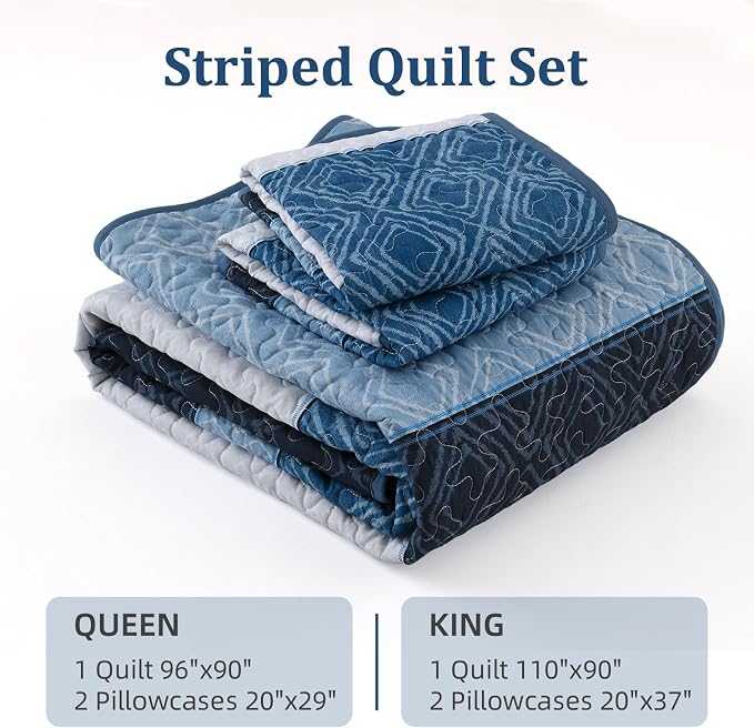 Cottolester Navy Blue Quilt Set Queen,Striped Plaid Bedspread Coverlet Set | Ultra Soft Lightweight Coverlets Set with 2 Pillowshams for Men Women,Microfiber Quilt Bedding Sets for All Seasons 110"x90"