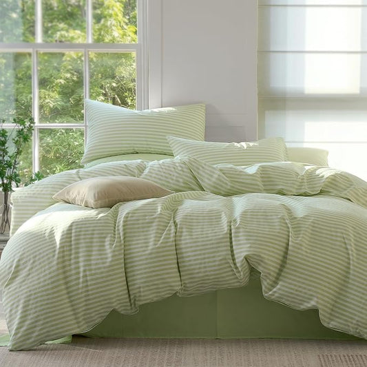 JELLYMONI 100% Cotton Printed Striped Cal King Duvet Cover Set, Sage Green | Breathable and Soft, Classic Stripes, 8 Corner Ties & Double-Head Hidden Zipper, For Master or Guest Bedroom