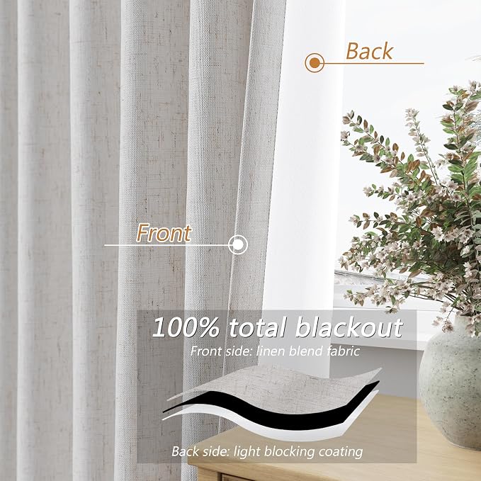 108 Inch Long Natural 100% Blackout Curtains for Living Room Bedroom Back Tab Thermal Insulated Netural Farmhouse Black Out Linen Drapes Room Darkening Window Curtain 2 Panels Set, 9 FT