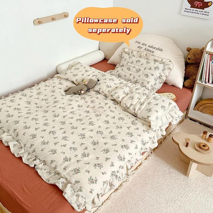 Muslin Floral Duvet Cover for Toddler Girls, Chic Shabby Aesthetic Kids Duvet Covers with Ruffles, All Seasons Gauze Cotton Toddler Bed Comforter Cover with Zipper, 47"x59", No Pillowcases