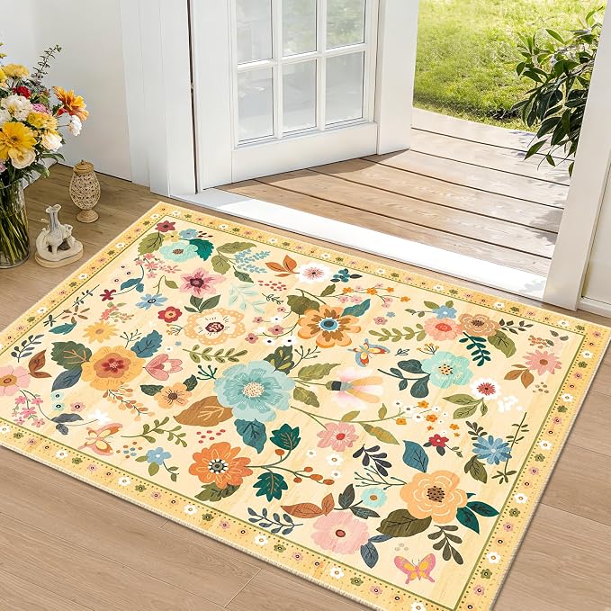 RELEANY Floral Washable 2x3 Area Rugs Doormat Yellow/Orange | Flower Carpet, Print, Boho, Non-Slip, Easy to Clean, Soft, Low Pile for Living Room Bedroom Kitchen Office Entryway Hallway