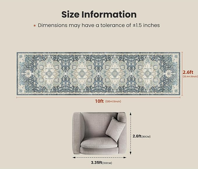 AMADA HOMEFURNISHING 2'6"x10' Washable Area Rug, Low-Profile Entryway Rug with Non-Slip Backing & Durable Edge Binding, Vintage Rug Pattern, Small Rugs for Entryway, Kitchen & Living Room