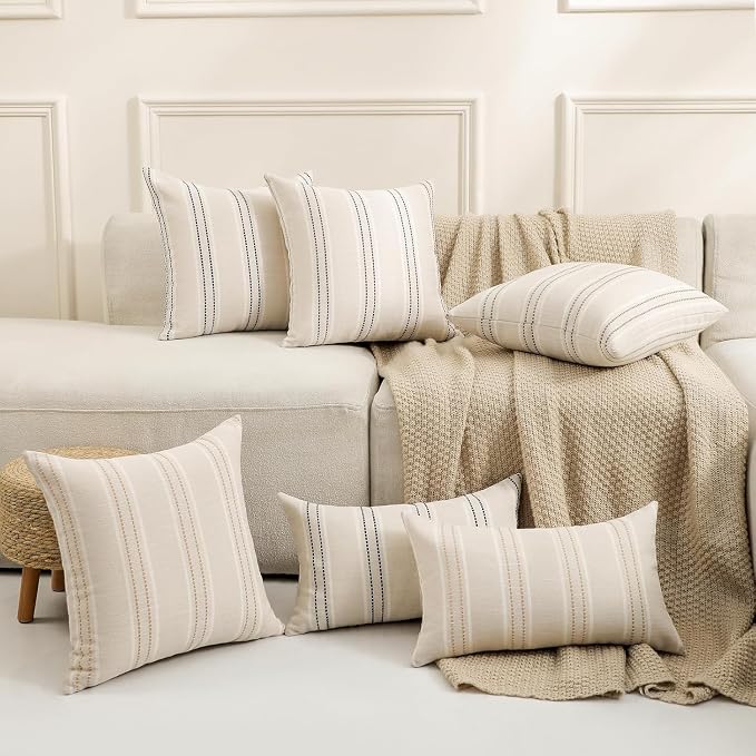 Hckot Stripe Throw Pillow Covers 26x26 Large Square Khaki Pillow Cover | Farmhouse Decorative Pillows Textured Linen Euro Sham Cushion Covers for Sofa Couch Bed Living Room Decor