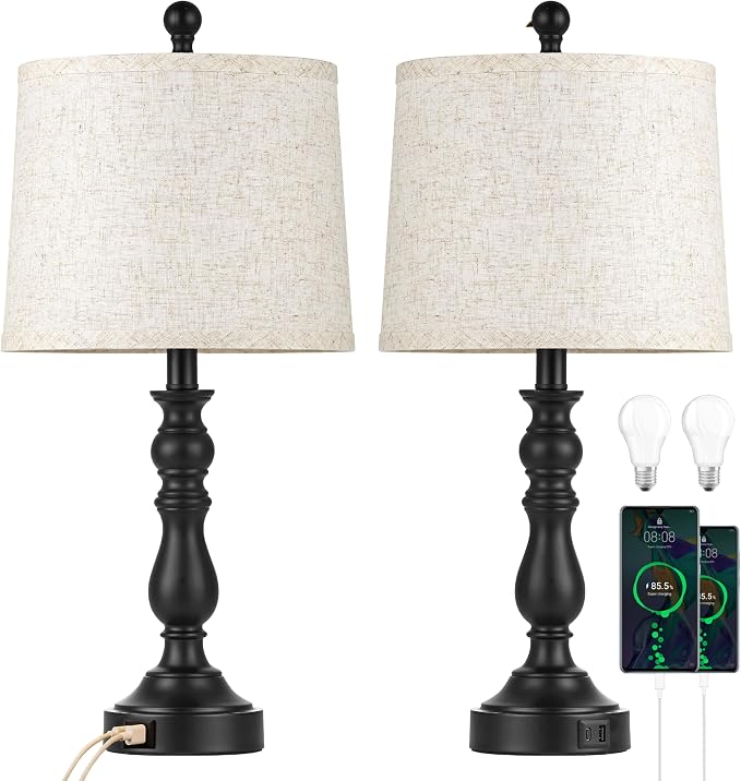 23'' Black Table Lamps Set of 2, Lamps for Bedroom, USB C+A Ports | Bedside Lamps with 3 Color Temperatures, Knob Switch, Lamps for Living Room, Office, Night Stands, End Table, Bulbs Included