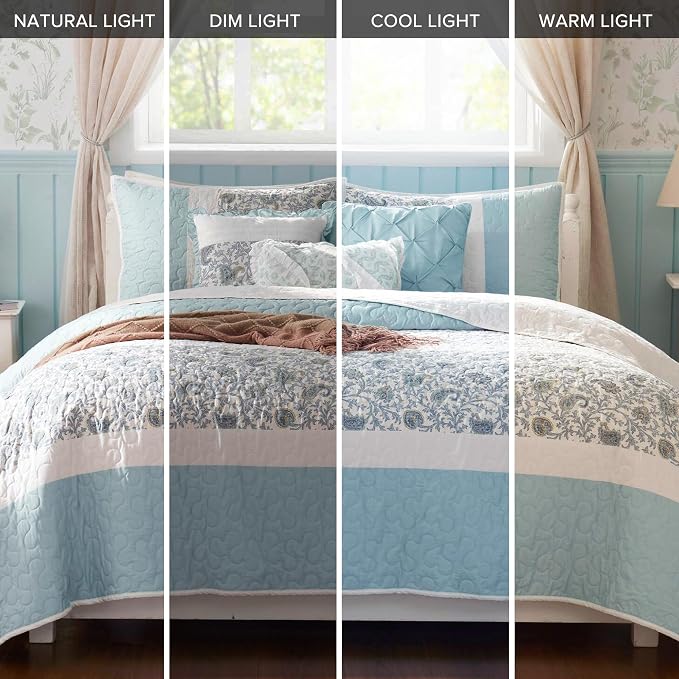 Madison Park Shabby Chic Cotton Quilt Set, 6PC King/Cal King Coverlet | Double-Sided Stitching Floral Design, All Season, with Shams, Bed Skirt, Decorative Pillows, Lightweight, Aqua