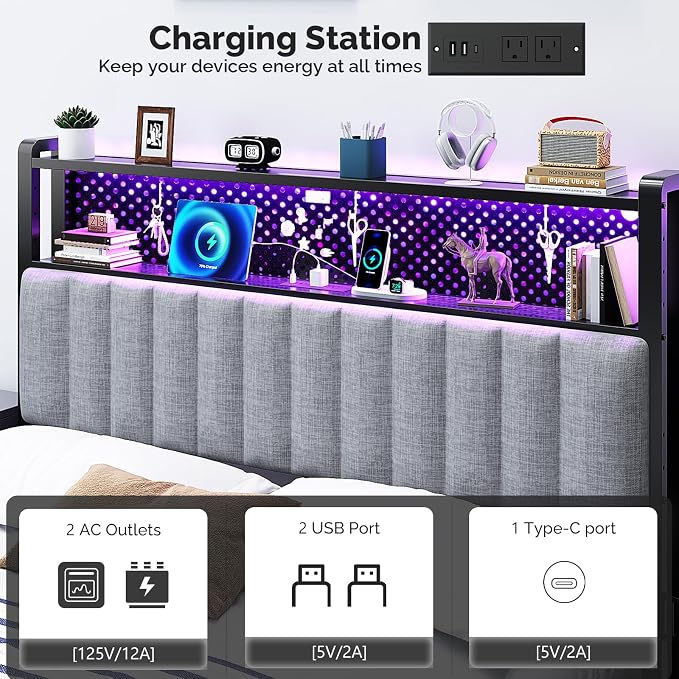 VINGLI Queen Size Headboard Only, Adjustable Upholstered Headboard with 2 Tier Shelves and Pegboard with Charging Stations and LED Lights, Modern Bed Headboard with Storage for Bedroom Decor