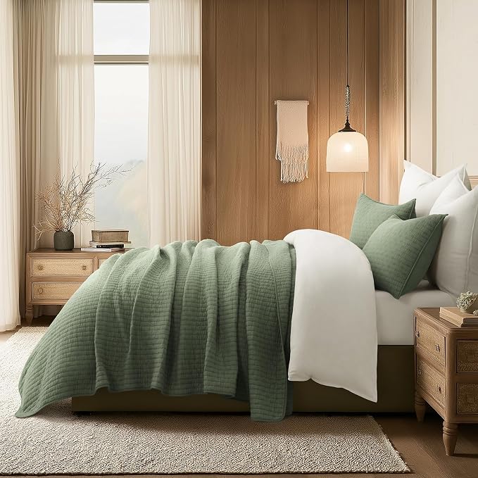 Cross Stitch Pre-Washed Cotton Quilt Bedding Set Queen Size, Oversized 3 Pieces Lightweight Bedspread Coverlet for All Season, with 2 Matching Shams, Olive Green, 92"x96"