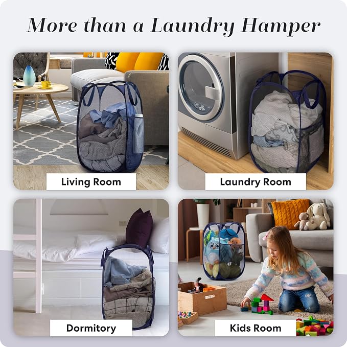 Handy Laundry Collapsible Mesh Foldable Hamper 14" x 14' x 24" Navy Blue | Collapsible Mesh Pop Up Hamper, Wide Opening, Side Pocket, Breathable, Sturdy, Foldable, Space-Saving for Clothes Storage