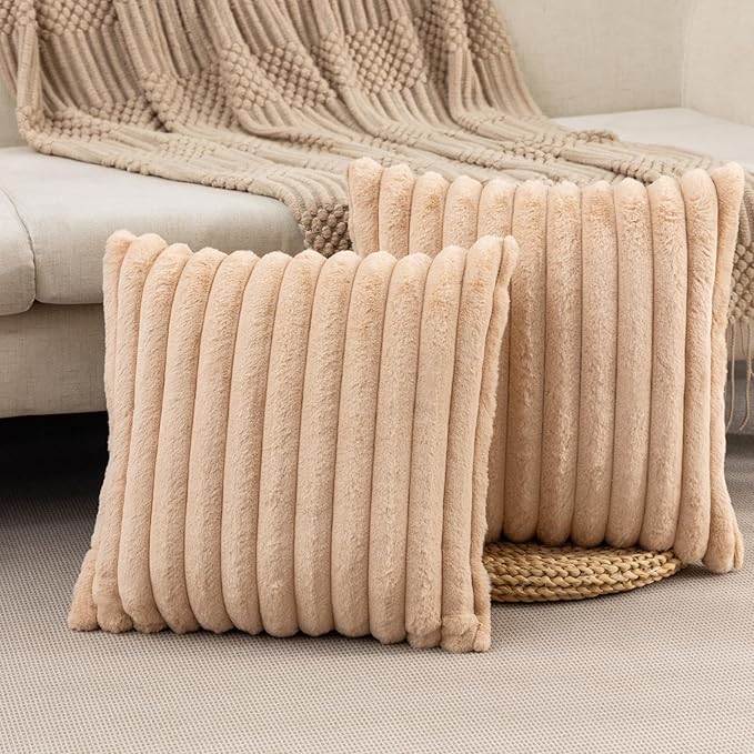 ZLINA Apricot Striped Faux Fur Throw Pillow Covers 16 x 16 Inch | 2‑Pack, boho striped pillow covers,velvet back,fuzzy plush cushion covers , for sofa bed livingroom home decor
