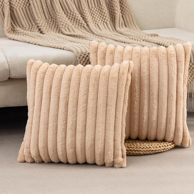 ZLINA Apricot Striped Faux Fur Throw Pillow Covers 20 x 20 Inch | 2‑Pack, boho striped pillow covers,velvet back,fuzzy plush cushion covers , for sofa bed livingroom home decor