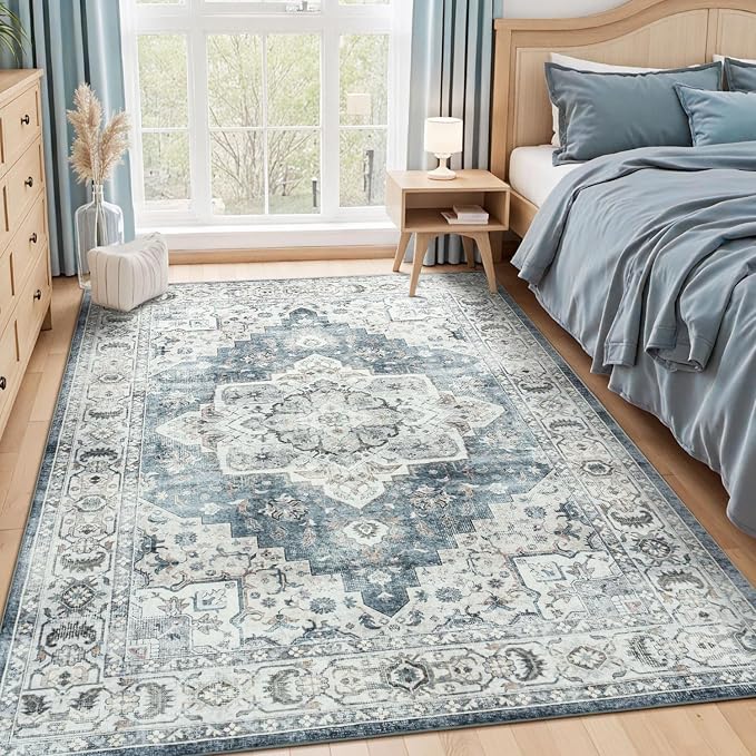 Washable Area Rugs 5 x 7 for Living Room Bedroom,Blue Grey/Beige | Soft Non Slip Backing,Durable Stain Resistant,Compatible with All Vacuums,Kid & Pet Friendly,for Dining Room Home Office