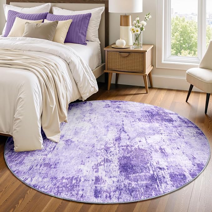 RELEANY Washable Round 4ft Area Rug for Living Room Purple | Carpet for Bedroom, Kitchen, Office, Hallway and Entryway, Printed Pattern, Non‑Slip, Soft, Stain‑Resistant, Easy to Clean