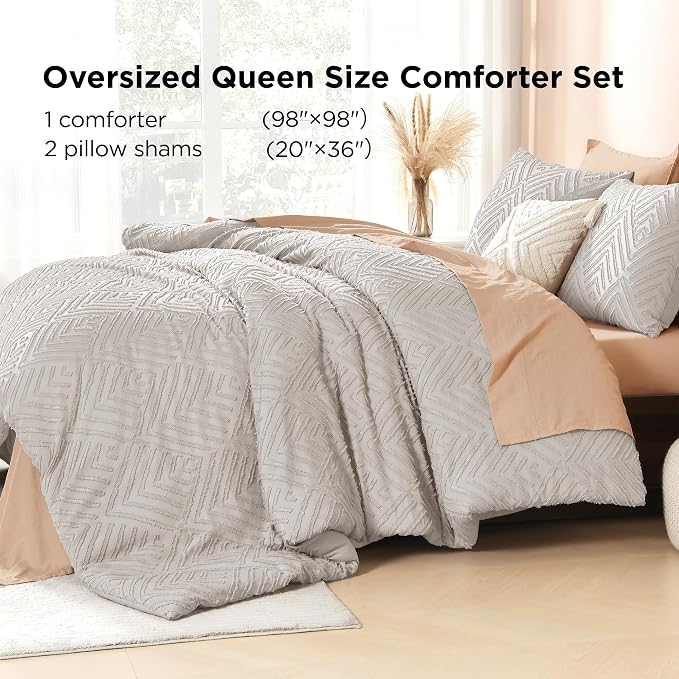 Litanika Oversized Queen Comforter Set, 3 Pcs Tufted Boho Bedding Set | Linen Grey Farmhouse Shabby Chic Vintage Bohemian Textured Aesthetic Soft Fluffy Lightweight Breathable All Season Bed Set