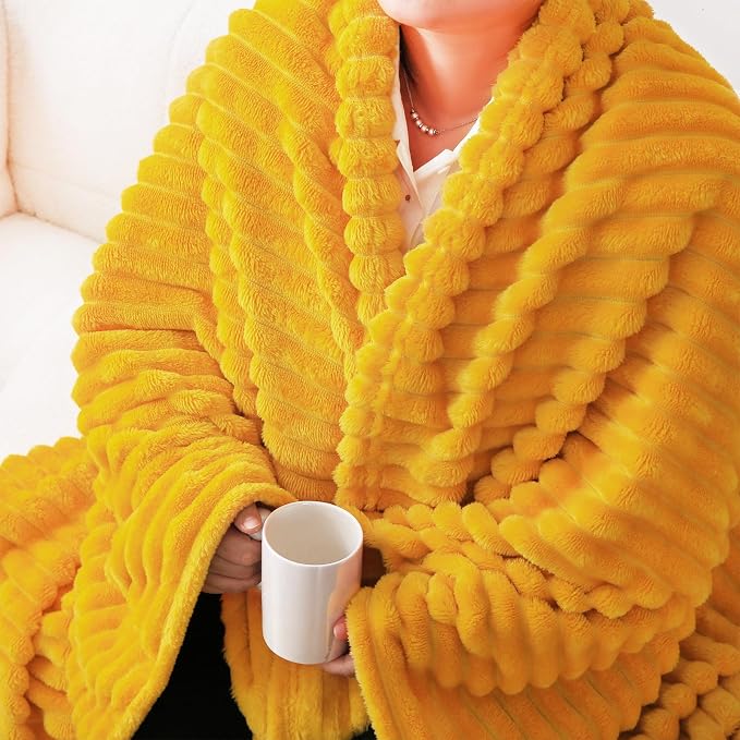 Gold Fleece Throw Blanket 60”×80” for Couch Sofa Livingroom | Super Soft Cozy Plush Microfiber Flannel Bed Blanket Striped Design Lightweight Home Decor Gifts for Adults Mom Women